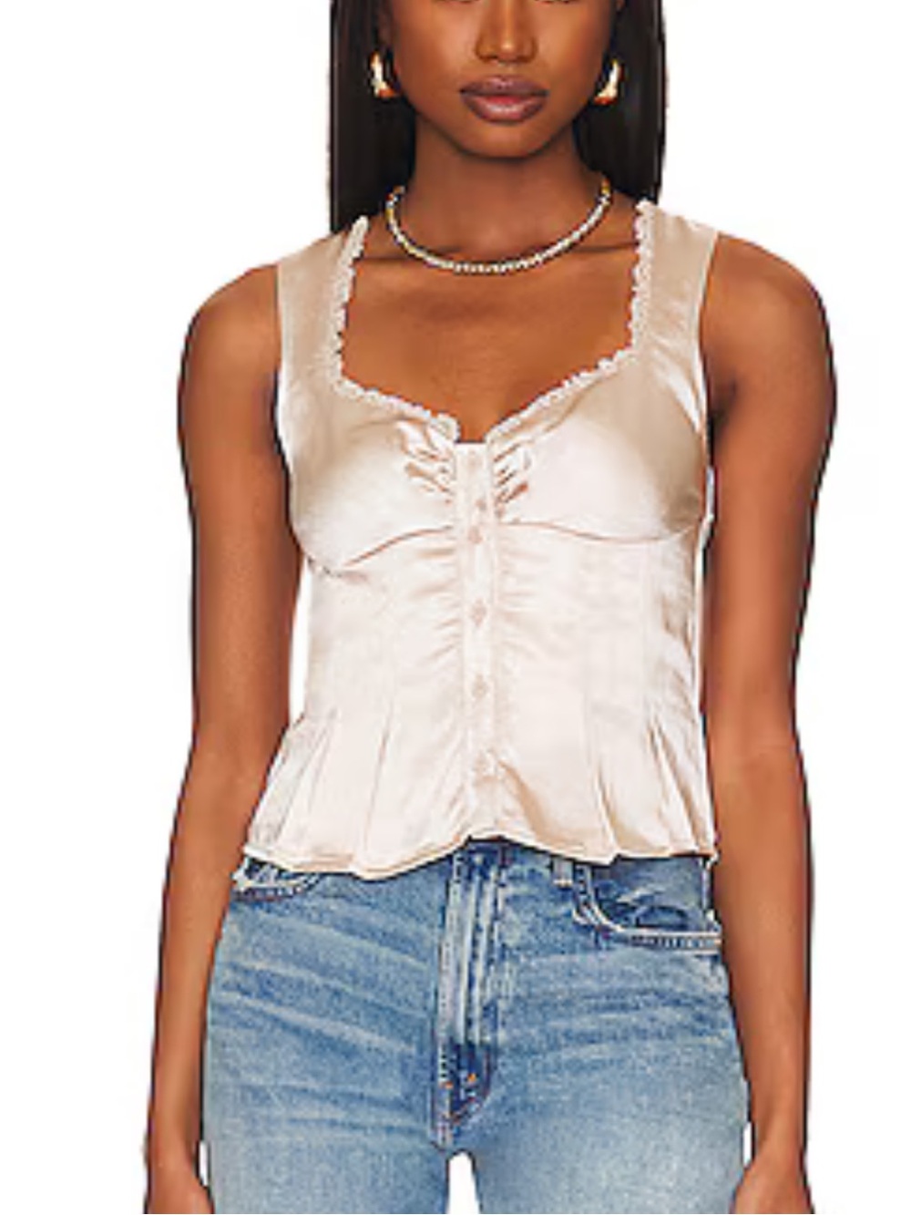 Satin Lace-Trim Tank Top in Cream